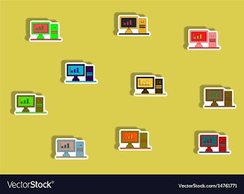 Flat icons set of column chart on computer monitor vector image