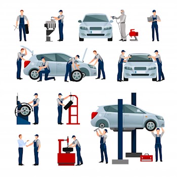 Flat icons set of different workers in car Free Vector