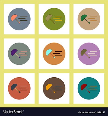 Flat icons set of flying umbrella in storm concept vector image