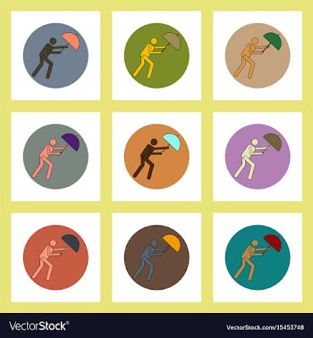 Flat icons set of man with umbrella in storm vector image