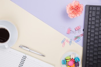 Flat lay, top view office table desk. workspace background