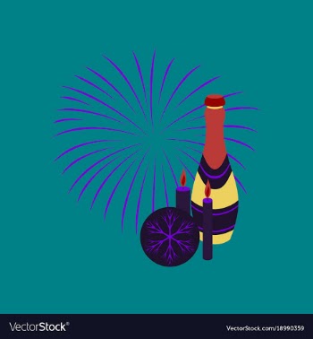 Flat on background of champagne candles fireworks vector image
