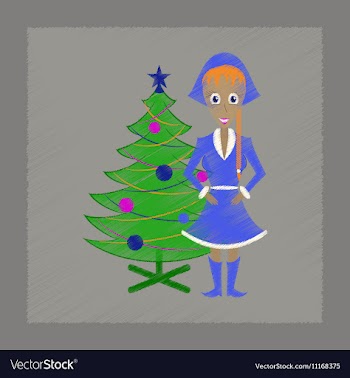Flat shading style icon Christmas girl and fir vector image