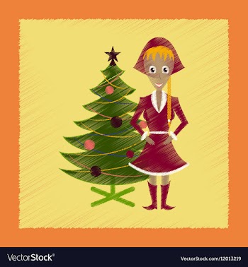 Flat shading style icon Christmas girl and fir vector image