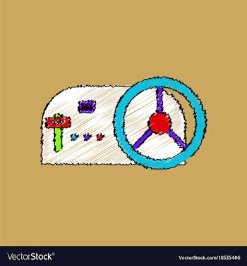 Flat shading style icon steering wheel and gearbox vector image