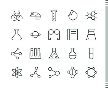 Flat vector icons with a thin line. Set for mobile applications. Chemistry and scientific research 