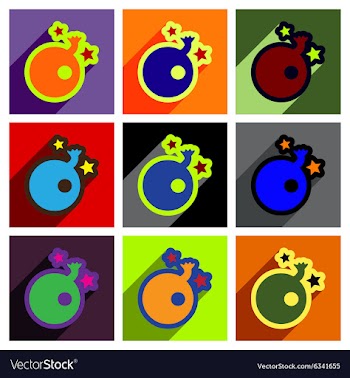 Flat with shadow concept Bomb and stars on colored vector image