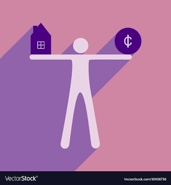 Flat with shadow icon man holding house and coins vector image