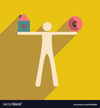 Flat with shadow icon man holding house and coins vector image