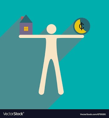 Flat with shadow icon man holding house and coins vector image