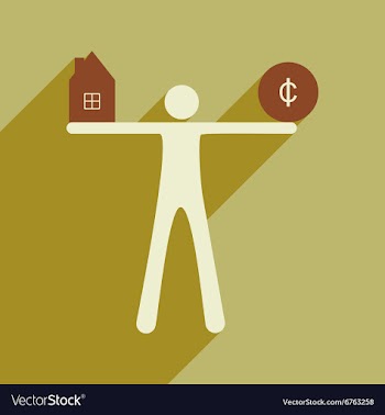 Flat with shadow icon man holding house and coins vector image