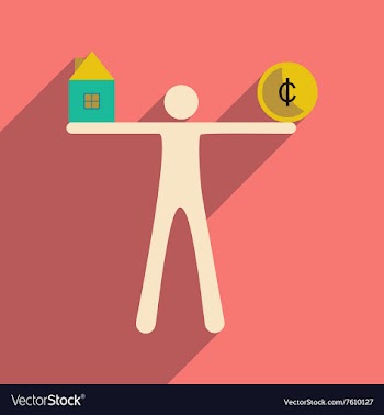 Flat with shadow icon man holding house and coins vector image
