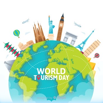 Flat world tourism day with landmarks and transport Free Vector