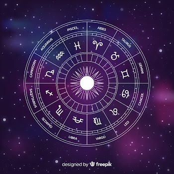 Flat zodiac wheel on galaxy background