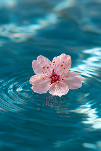 Floating Cherry Blossom on Blue Water