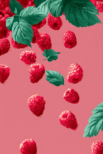 Floating Raspberry Halves with Green Leaves