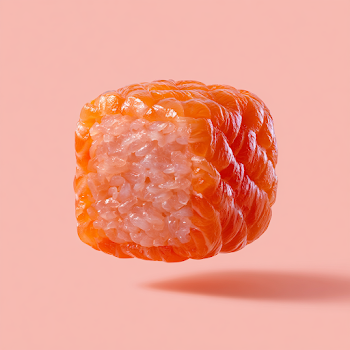 Floating Salmon Roll Sushi against a Pink Background