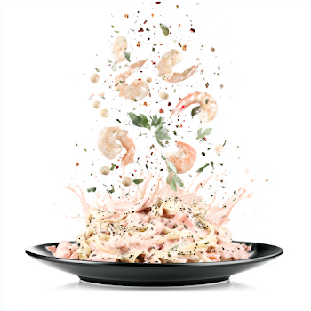 Floating Shrimp Pasta in High-Key Food Photography