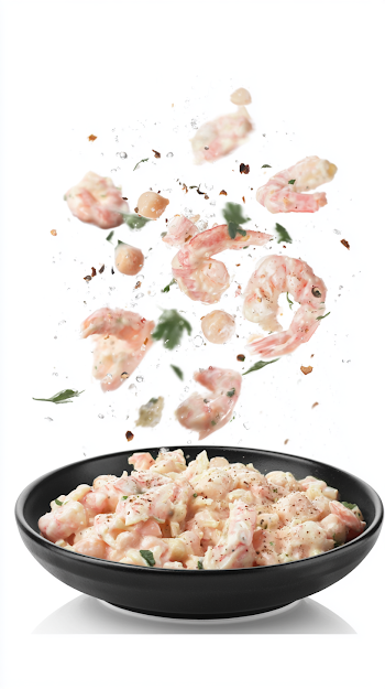 Floating Shrimp Pasta in Minimalist High-Key Setting