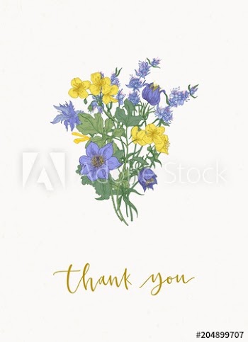 Floral card template with gorgeous bouquet or bunch of purple and yellow meadow blooming flowers and wild flowering herbs on white background and Thank You inscription