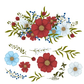 Floral clipart  red, light blue, white isolated flowers and leaves Free Vector