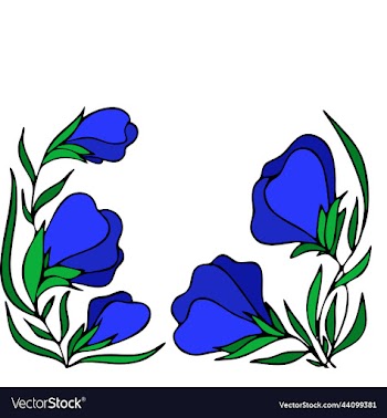 floral frame of large blue flower buds on a white
