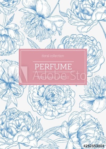 Floral poster or flyer template decorated by gorgeous blooming flowers hand drawn with contour lines