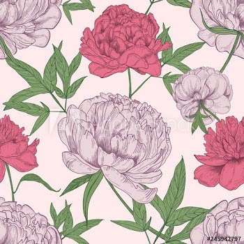 Floral seamless pattern with beautiful peony flowers hand drawn on light background