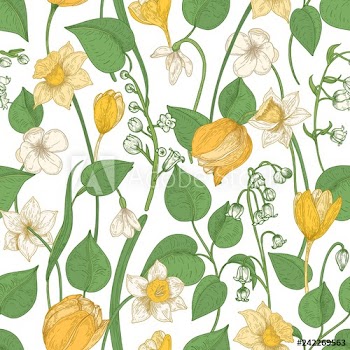 Floral seamless pattern with blooming spring flowers and leaves on white background