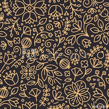 Floral seamless pattern with blooming wildflowers and berries drawn with contour lines on black background