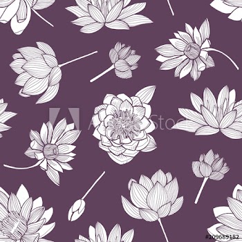 Floral seamless pattern with elegant blooming lotus hand drawn with contour lines on purple background