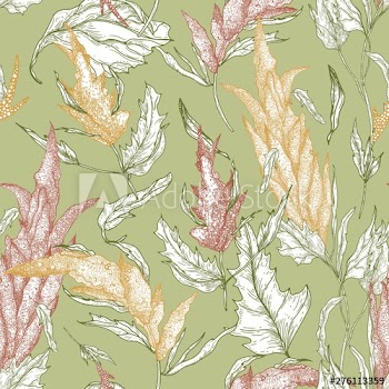Floral seamless pattern with quinoa plants hand drawn with colorful contour lines on green background