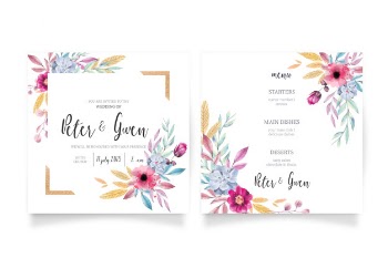 Floral wedding invitation & menu template Free Vector