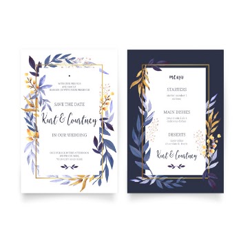Floral wedding invitation with menu template Free Vector