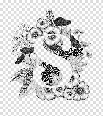 Flower and black flowers art, Calligraphy Letter Drawing Typography Alphabet, Flowers and letter S transparent background PNG clipart