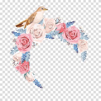 Flower Euclidean Rose, flowers border, brown bird on floral headband painting transparent background PNG clipart