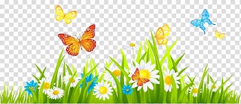 Flower , Grass Ground with Flowers and Butterflies , butterflies flying with flowers illustration transparent background PNG clipart