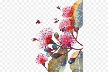 Flower Paper Bee Watercolor painting Corymbia ficifolia - Hand-painted flowers Bee 