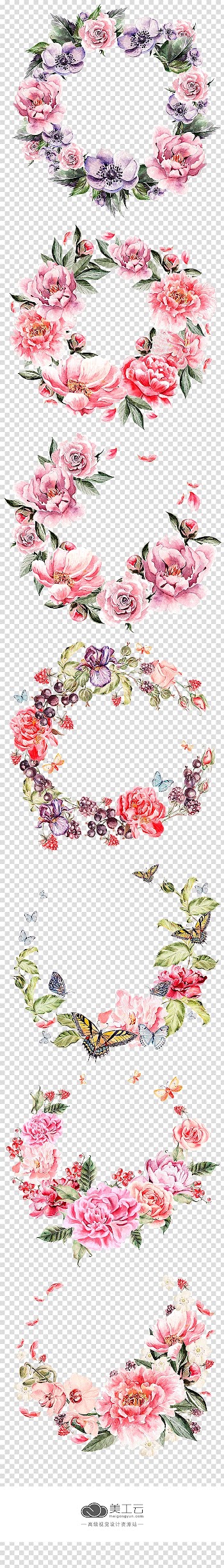 Flowers illustration, Wreath Flower Pink, Colorful garland effect transparent background PNG clipart