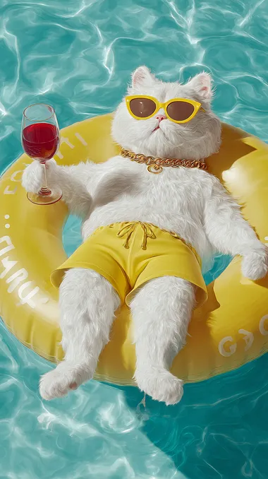 Fluffy Cat Relaxing on a Pool Float Fluffy Cat Relaxing on a Pool Float