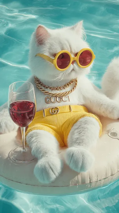 Fluffy White Cat Enjoying a Summer Pool Day Fluffy White Cat Enjoying a Summer Pool Day