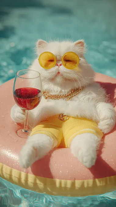 Fluffy White Cat in Sunglasses Relaxing on Pool Float Fluffy White Cat in Sunglasses Relaxing on Pool Float