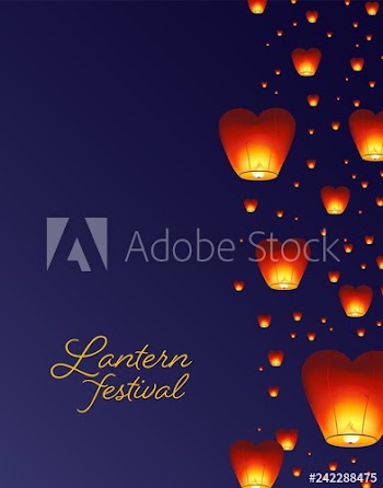 Flyer, poster or invitation template with traditional Asian lanterns flying in night sky