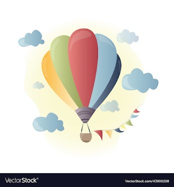 flying balloon with basket in the sky with clouds