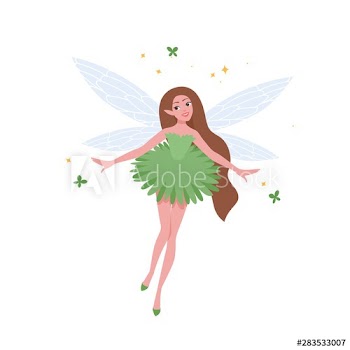 Flying fairy in beautiful dress and with long brunette hair isolated on white background