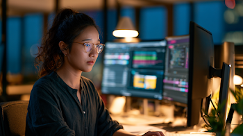 Focused Asian Woman Software Engineer at Dual-Monitor Setup