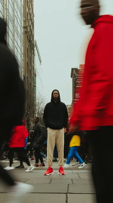 Focused male model in urban street scene amidst blurred motion Focused male model in urban street scene amidst blurred motion