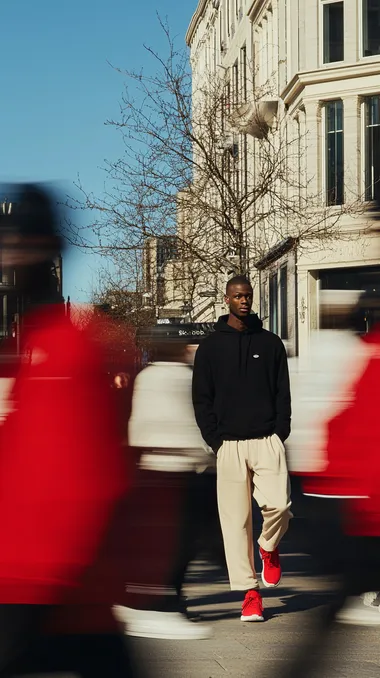 Focused male model in urban street scene amidst motion blur chaos Focused male model in urban street scene amidst motion blur chaos