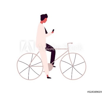 Focused man using smartphone sitting on bicycle vector flat illustration