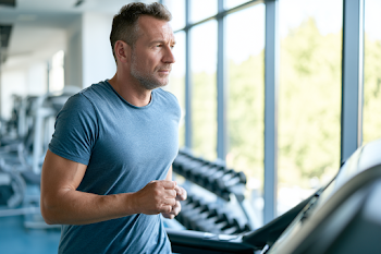 Focused Middle-Aged Man Running on Treadmill in Modern Gym
